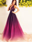 Gradient Burgundy Deep V-Neck Sleeveless Long Evening Prom Dresses, BW0595