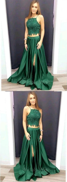 2 Pieces Green Lace Top Side Slit Long Evening Prom Dresses, BW0606