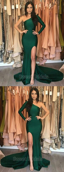 Modern Emerald Green One Shoulder Long Sleeve Side Slit Long Evening Prom Dresses, SW0075