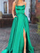 Inexpensive Green Spaghetti Strap Open Back Side Slit Floor Length Evening Prom Dresses, SW0066