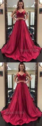 Elegant Burgundy Satin Spaghetti Strap V-Neck Sweep Train Evening Prom Dresses, SW0052