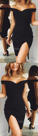 Elegant Black Off the Shoulder Side Slit Short Homecoming Dresses, SW0021