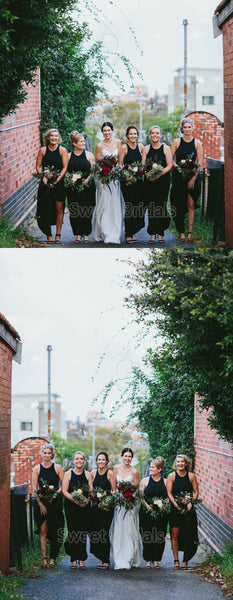 Simple Black Sleeveless Side Slit Ankle Length Bridesmaid Dresses , SW0011