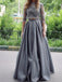 Elegant Grey Two Pieces Lace Top Half Sleeves Floor Length Evening Prom Dresses, SW0028