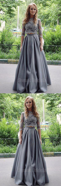 Elegant Grey Two Pieces Lace Top Half Sleeves Floor Length Evening Prom Dresses, SW0028