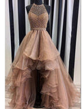 Organza with Beaded Bodice Halter High Low Prom Dress DPB131