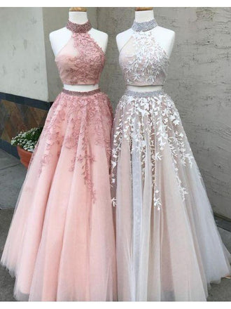 Two Piece High Neck Lace Applique Tulle Long Prom Dress DPB126