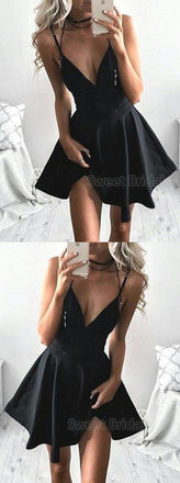 Sexy Black Spaghetti Strap Deep V-Neck Short Homecoming Dresses, SW0007