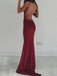 Charming Burgundy Open Back Spaghetti Strap Deep V-Neck Mermaid Evening Prom Dresses, SW0053