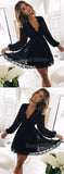 Charming Black Lace Long Sleeves Deep V-Neck Short Homecoming Dresses, SW0020