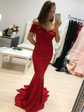 Charming Red Off the Shoulder Mermaid Sweep Train Evening Prom Dresses, SW0056