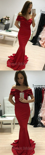 Charming Red Off the Shoulder Mermaid Sweep Train Evening Prom Dresses, SW0056