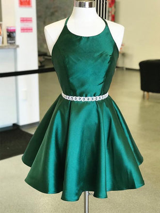 Simple Halter Backless Satin A Line Short Homecoming Dress, BTW260