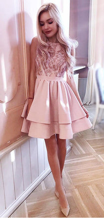 Affordable Sleeveless Satin A Line Embroidery Short Homecoming Dress, BTW240