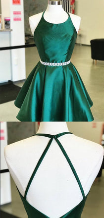 Simple Halter Backless Satin A Line Short Homecoming Dress, BTW260