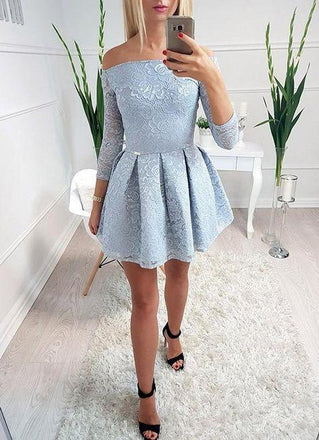 Elegant Off The Shoulder 3/4 Sleeves Lace A Line Short Homecoming Dresses, BTW241