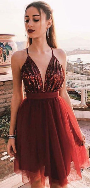 Sexy Spaghetti Straps Tulle A Line With Sequin Short Homecoming Dress, BTW242
