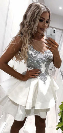 Gorgeous Round Neck Lace Applique Satin A Line Short Homecoming Dress, BTW262