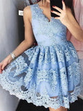 Sky Blue V Neck Lace Applique A Line Short Homecoming Dress, BTW270