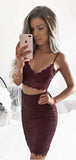 Two Pieces Dark Red Saphetti Strap Full Lace Tight Short Homecoming Dress, BTW272