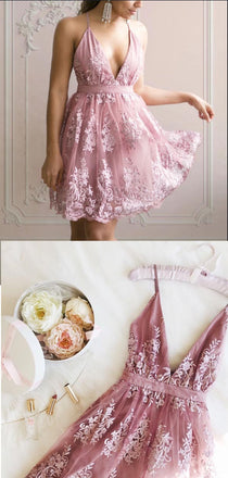 Elegant Dusty Rose V Neck Lace A Line Short Homecoming Dresses, BTW273