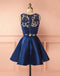 Two Pieces Navy Blue Lace Top Satin A Line Short Homecoming Dress, BTW274