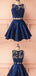 Two Pieces Navy Blue Lace Top Satin A Line Short Homecoming Dress, BTW274