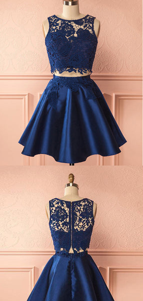 Two Pieces Navy Blue Lace Top Satin A Line Short Homecoming Dress, BTW274