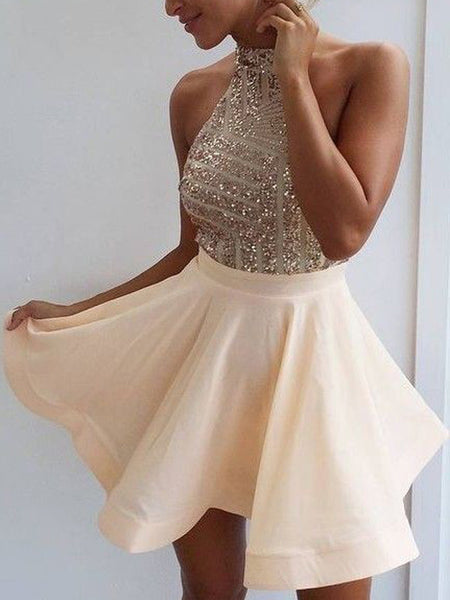 Sparly Halter Sequin Backless Satin A Line Short Homecoming Dress, BTW276