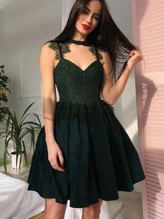 Fashion Lace Top Spaghetti Strap A Line Short Homecoming Dress, BTW251