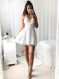 Fashion V Neck Criss Cross White Lace A Line Short Homecoming Dresses, BTW290