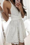 Fashion V Neck Criss Cross White Lace A Line Short Homecoming Dresses, BTW290