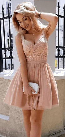 Elegant Dusty Pink Lace Applique Tulle A Line Short Homecoming Dresses, BTW277