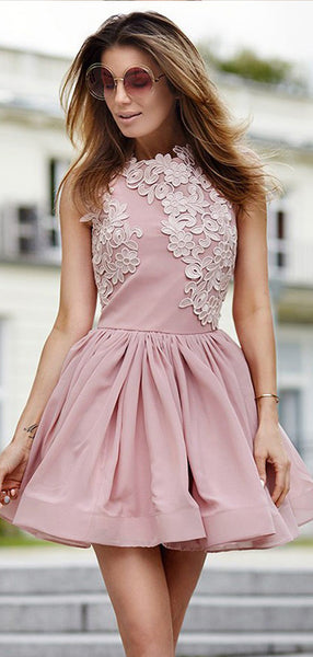 Fashion Round Neck Lace Applique Satin A Line Short Homecoming Dress, BTW282