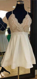 Simple Spaghetti Strap V Neck Lace Top A Line Short Homecoming Dress, BTW285