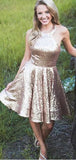 Sparkly Halter Sequin A Line Backless Short Homecoming Dress, BTW287