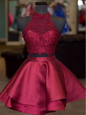 Gorgeous Burgundy Lace Top Satin A Line Short Homecoming Dress, BTW232