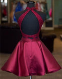 Gorgeous Burgundy Lace Top Satin A Line Short Homecoming Dress, BTW232