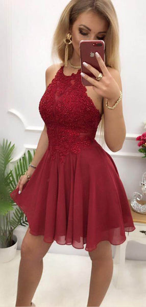 Pretty Halter Backless Lace Top Chiffon A Line Short Homecoming Dresses, BTW291