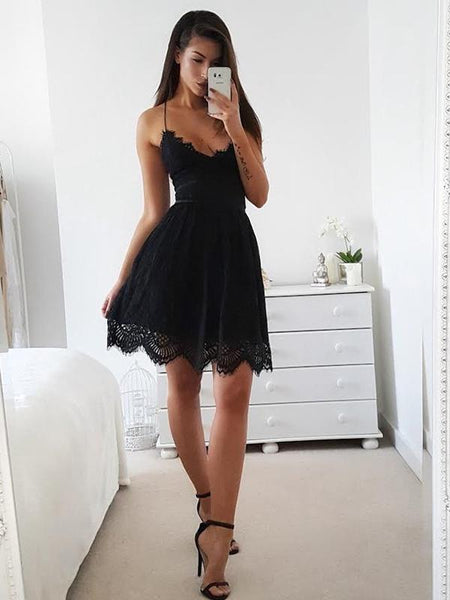 Black Spaghetti Strap Lace Backless A Line Short Homecoming Dress, BTW253