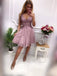 Dusty Purple V Neck Lace Applique Chiffon A Line Short Homecoming Dresses, BTW292