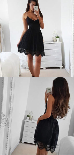 Black Spaghetti Strap Lace Backless A Line Short Homecoming Dress, BTW253