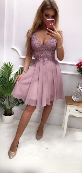 Dusty Purple V Neck Lace Applique Chiffon A Line Short Homecoming Dresses, BTW292