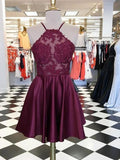 Special Halter Lace Applique Satin A Line Short Homecoming Dress, BTW234
