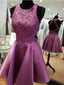 Pretty Open Back Lace Applique Satin Short Homecoming Dress, BTW235