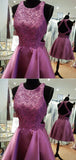 Pretty Open Back Lace Applique Satin Short Homecoming Dress, BTW235