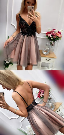 Pretty Deep V Neck Lace Top Tulle A Line Short Homecoming Dress, BTW255