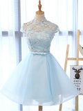 Unique Cap Sleeves Lace Top Tulle A Line Short Homecoming Dress, BTW236