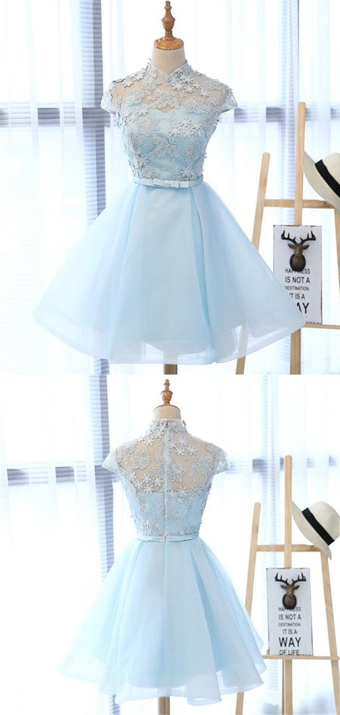 Unique Cap Sleeves Lace Top Tulle A Line Short Homecoming Dress, BTW236