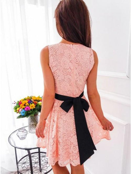 Blush Pink V Neck Sleeveless Lace Mini Short Homecoming Dresses, BTW297